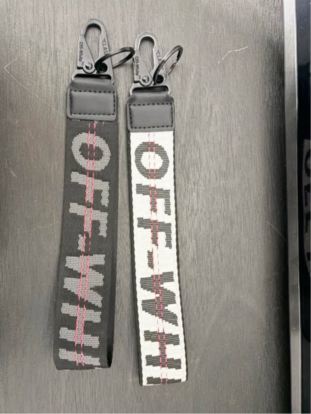 Off-White Black and White Logo Strap Key Rings with Pink Stitching